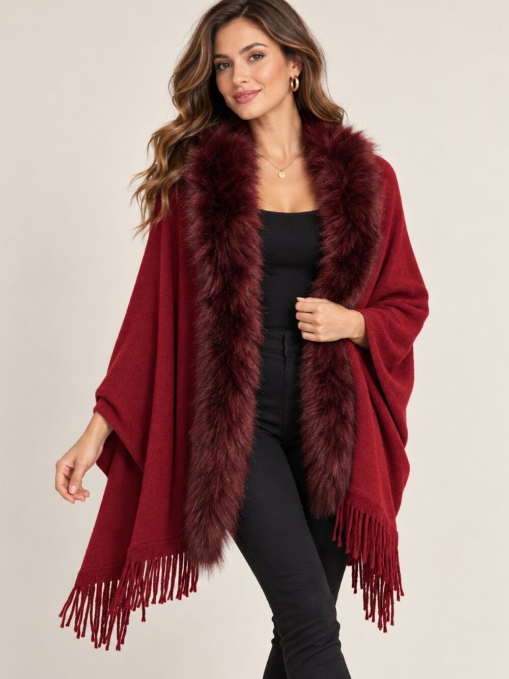 Dolce Cabo Faux Fur Trim Wrap Color Wine/Burgundy Size Small/Medium